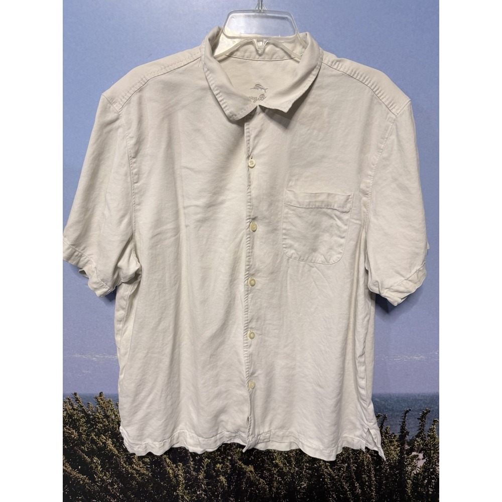 Tommy Bahama Hawaiian Shirt Mens Large Short Sleeve 100% Silk Cream Camp Casual